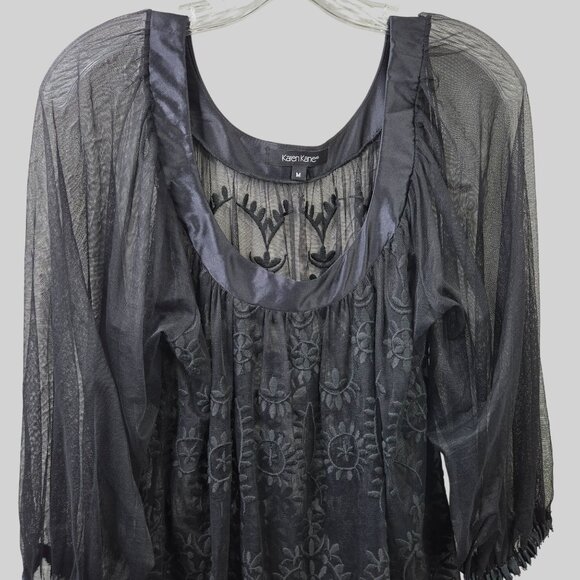 Karen Kane Blouse M Black Sheer Mesh Lace Embroidered Floral Whimsygoth Silk Top - Picture 3 of 13